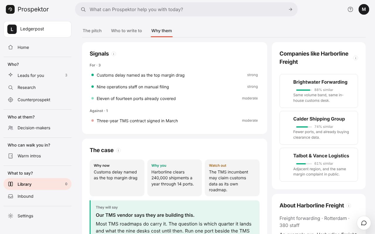 A finished pitch in Prospektor, open on Why them: the signals for and against, the case in three tiles, and companies like this one.