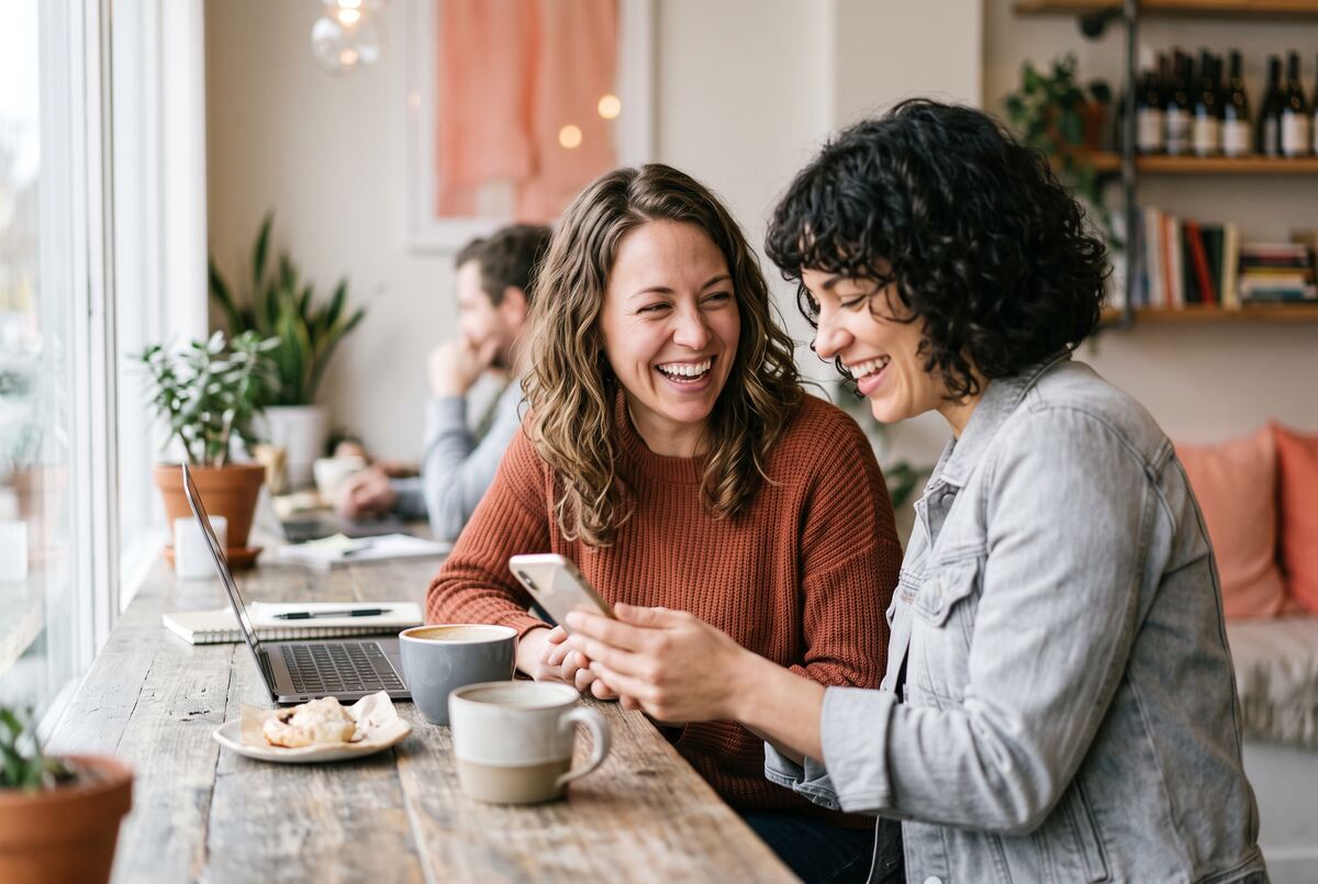 Two people laughing over coffee, one showing the other a phone