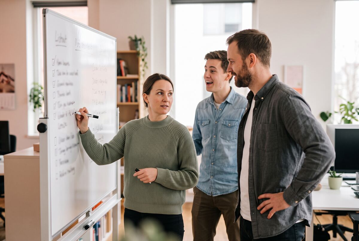 A small team at a whiteboard, one ticking off a name